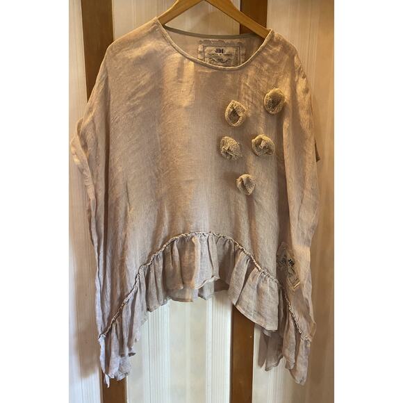 JDL Linen Tunic Top Women’s XS/S Ruffle Shirt Flower Appliqué Beige - Picture 1 of 9